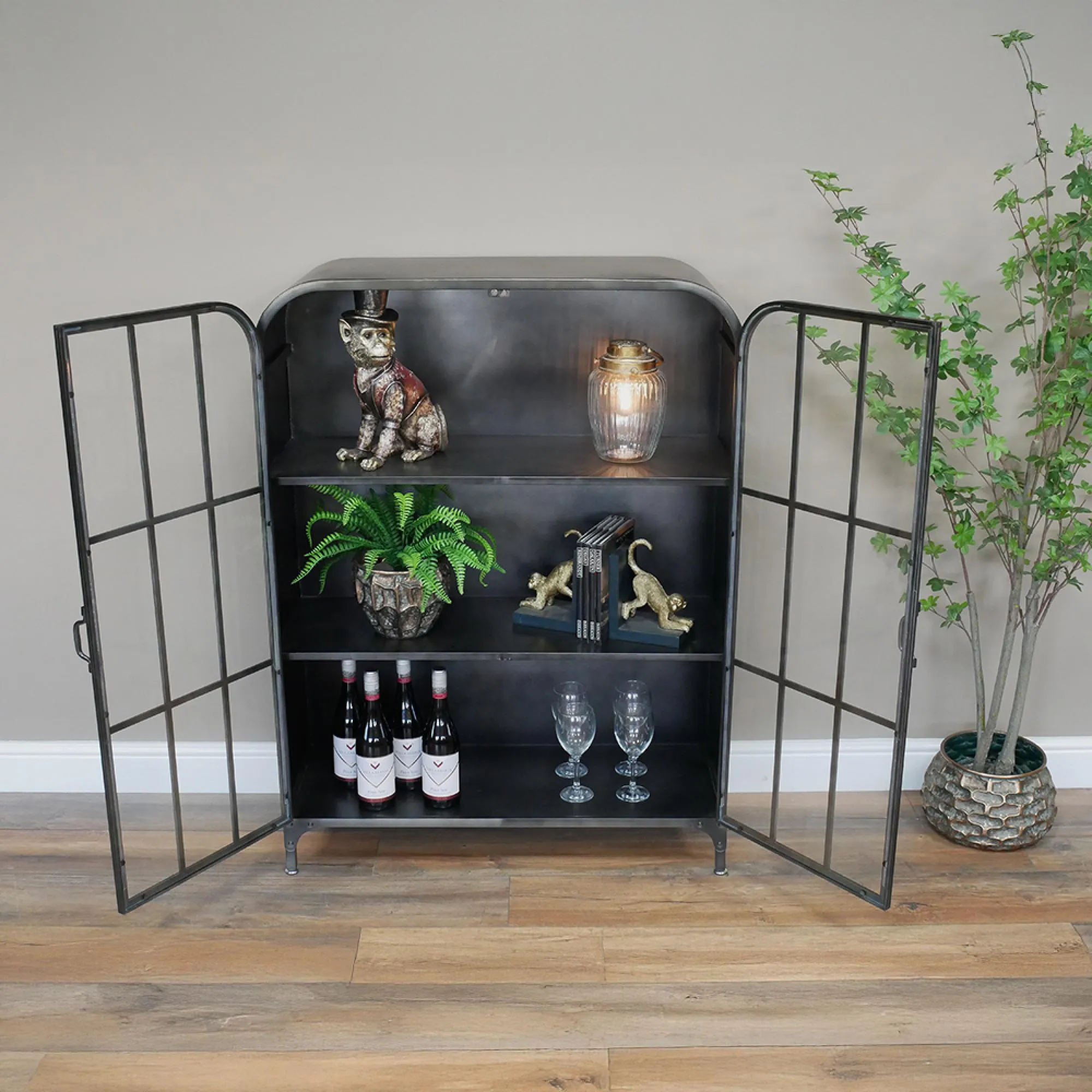 Curved 2 Door Display Cabinet - Black, Metal and Glass