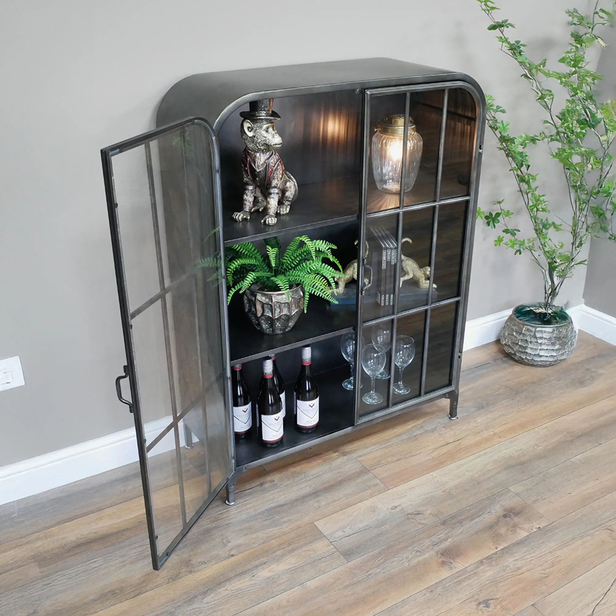 Curved 2 Door Display Cabinet - Black, Metal and Glass