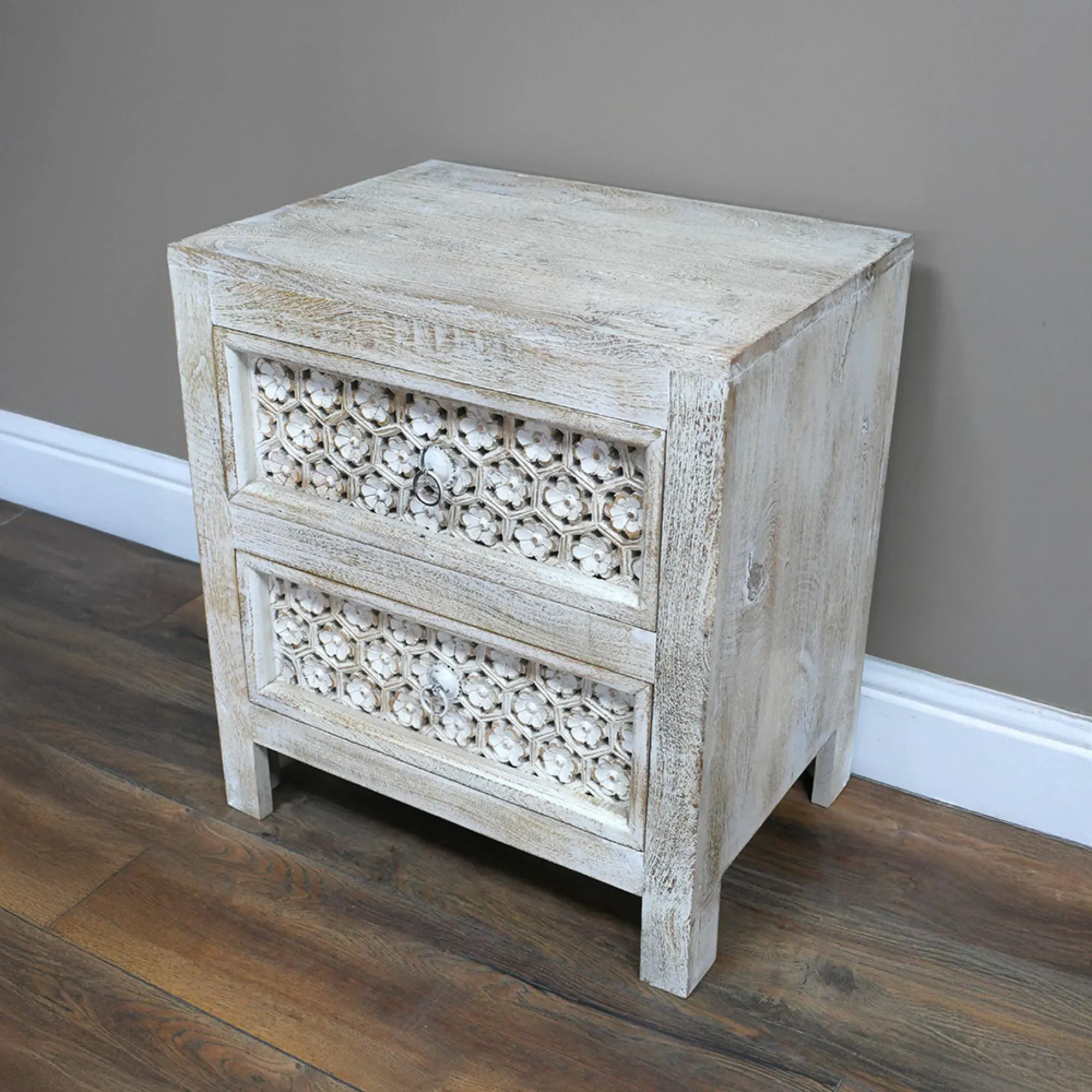 Distressed 2 Drawer Bedside Cabinet - White, Mango Wood