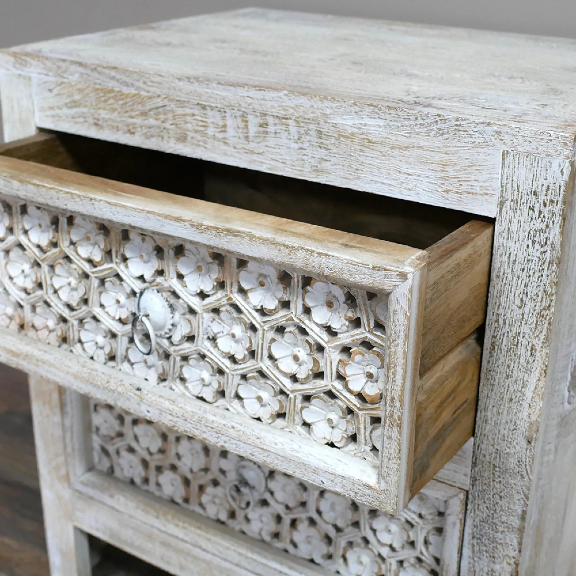 Distressed 2 Drawer Bedside Cabinet - White, Mango Wood