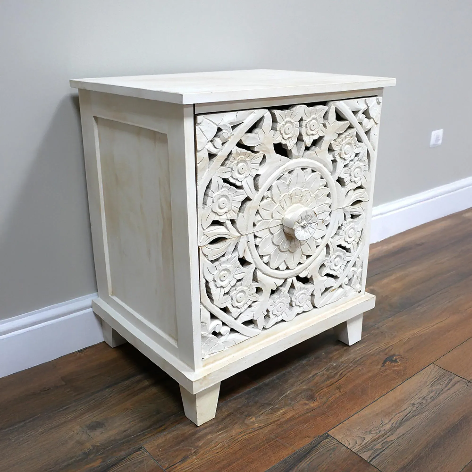 Distressed Carved 2 Drawer Bedside Cabinet - White