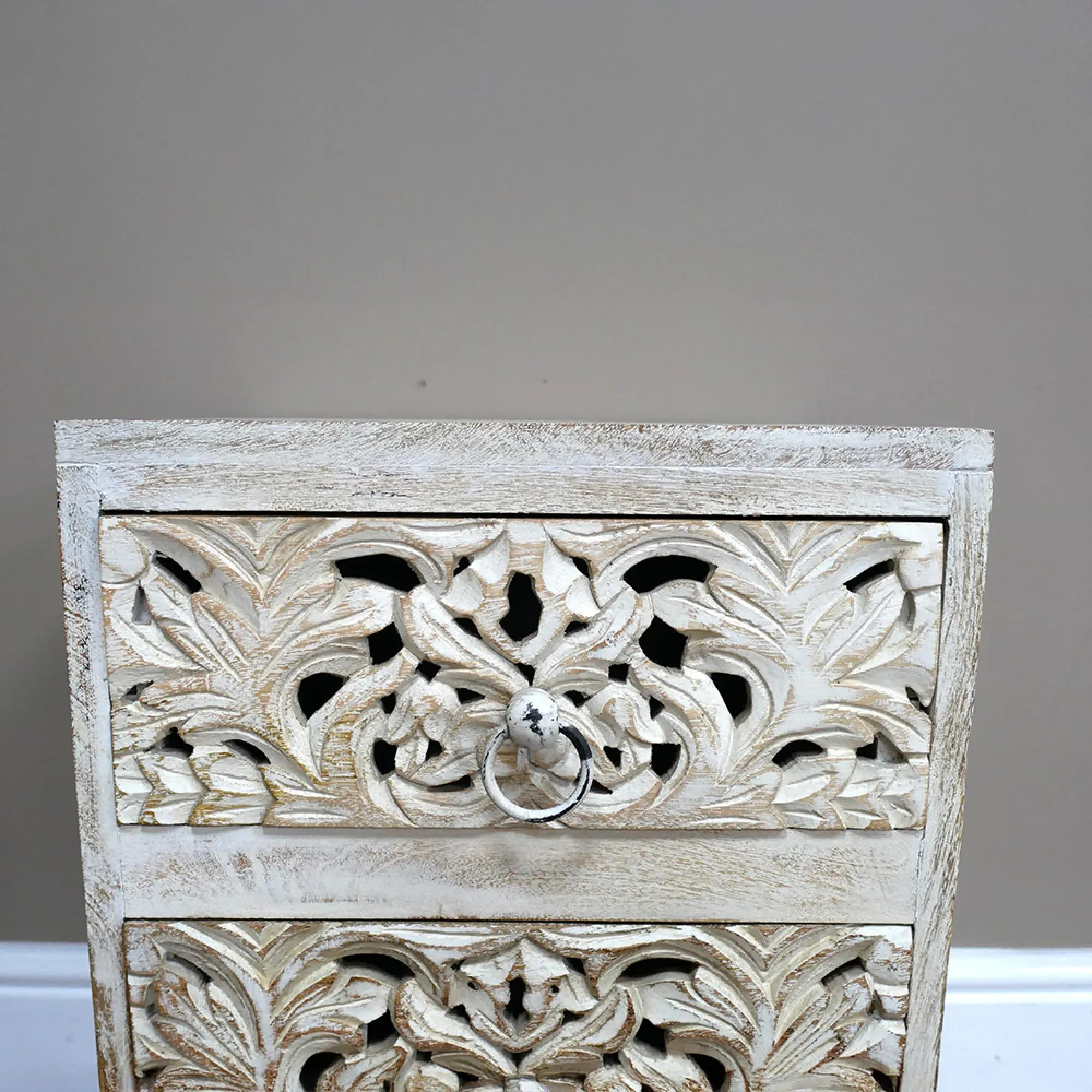 Distressed Carved 2 Drawer Bedside Cabinet - White, Mango Wood