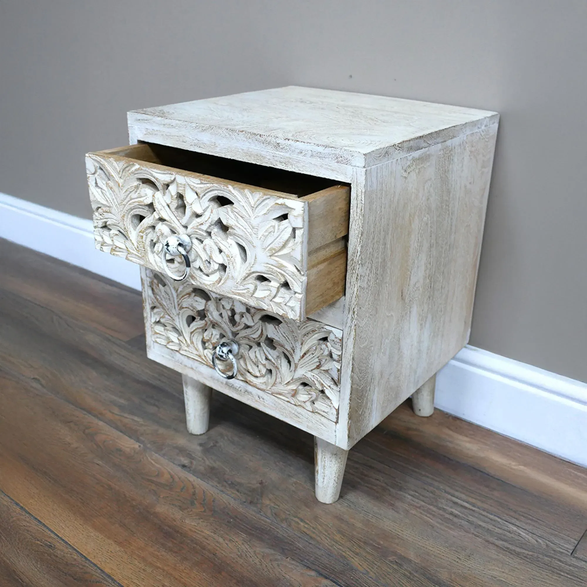 Distressed Carved 2 Drawer Bedside Cabinet - White, Mango Wood