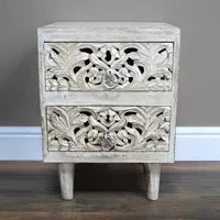 Distressed Carved 2 Drawer Bedside Cabinet - White, Mango Wood