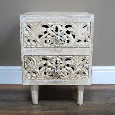 Distressed Carved 2 Drawer Bedside Cabinet - White, Mango Wood image