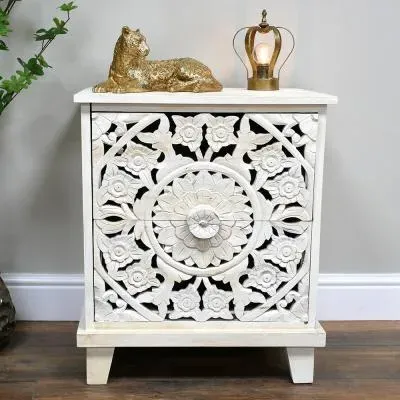Distressed Carved 2 Drawer Bedside Cabinet - White