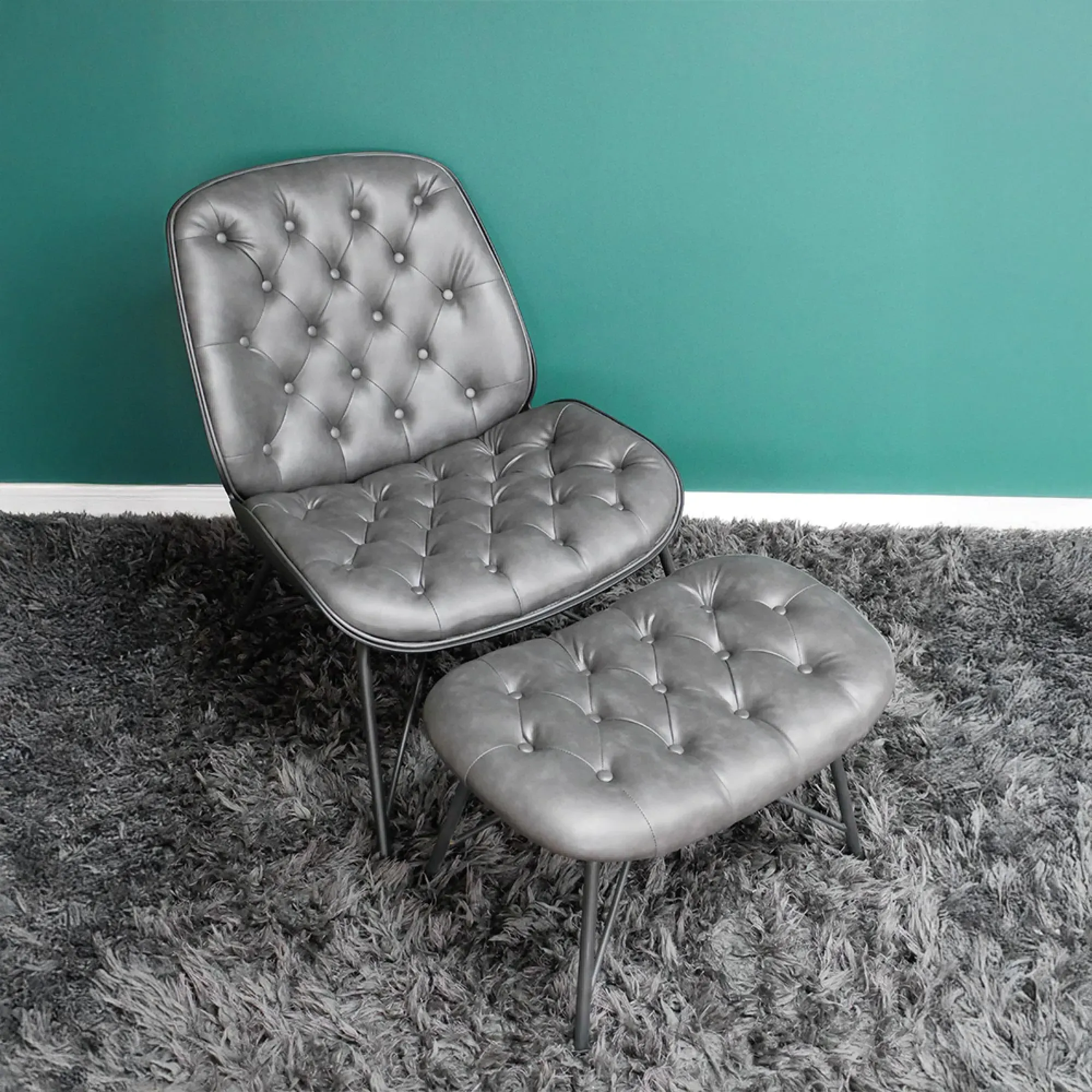 Faux Leather Chair with Foot Stool - Grey