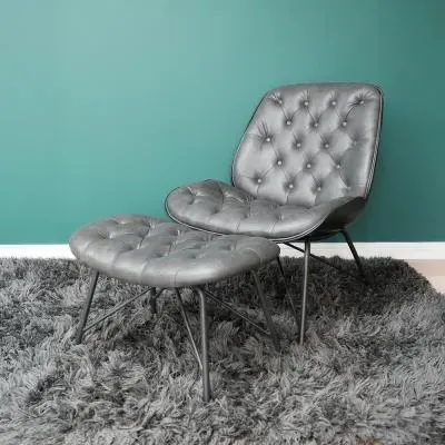 Faux Leather Chair with Foot Stool - Grey