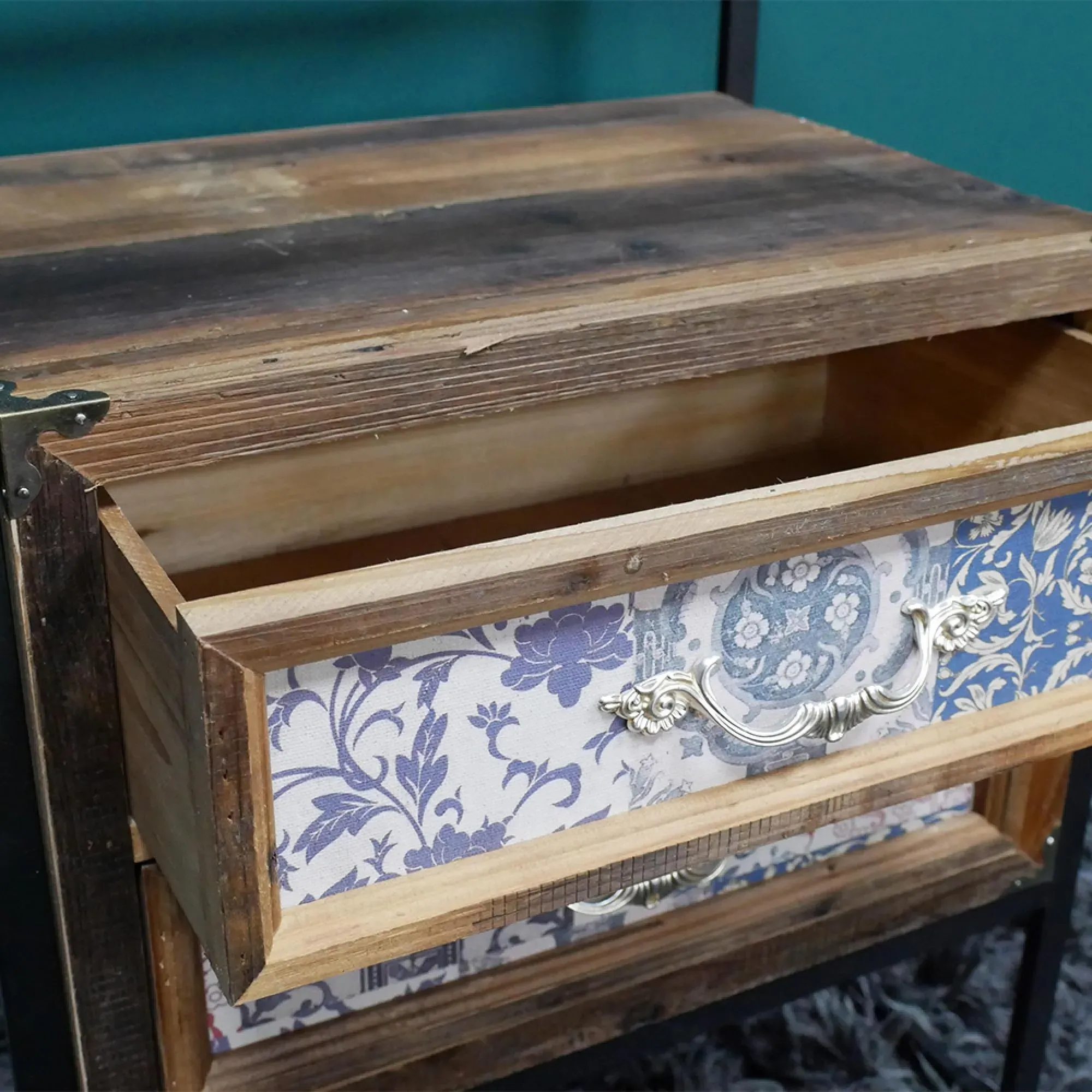 Fir Wood and Metal 2 Drawer Bedside Cabinet