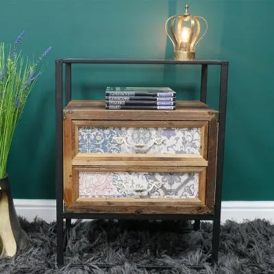 Fir Wood and Metal 2 Drawer Bedside Cabinet