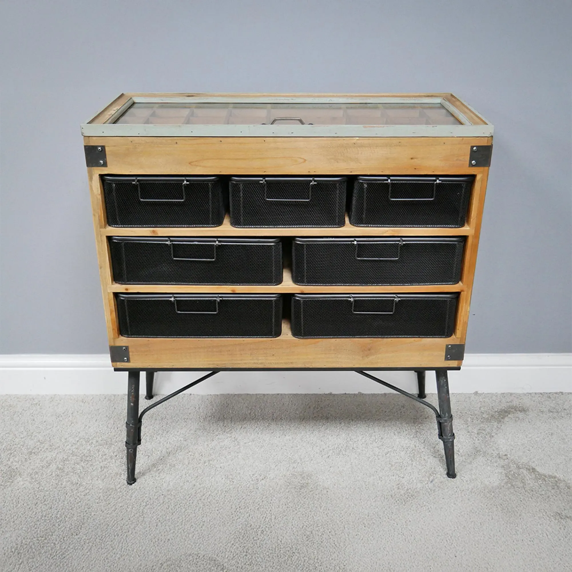 Fir Wood and Metal Multi Drawer Cabinet