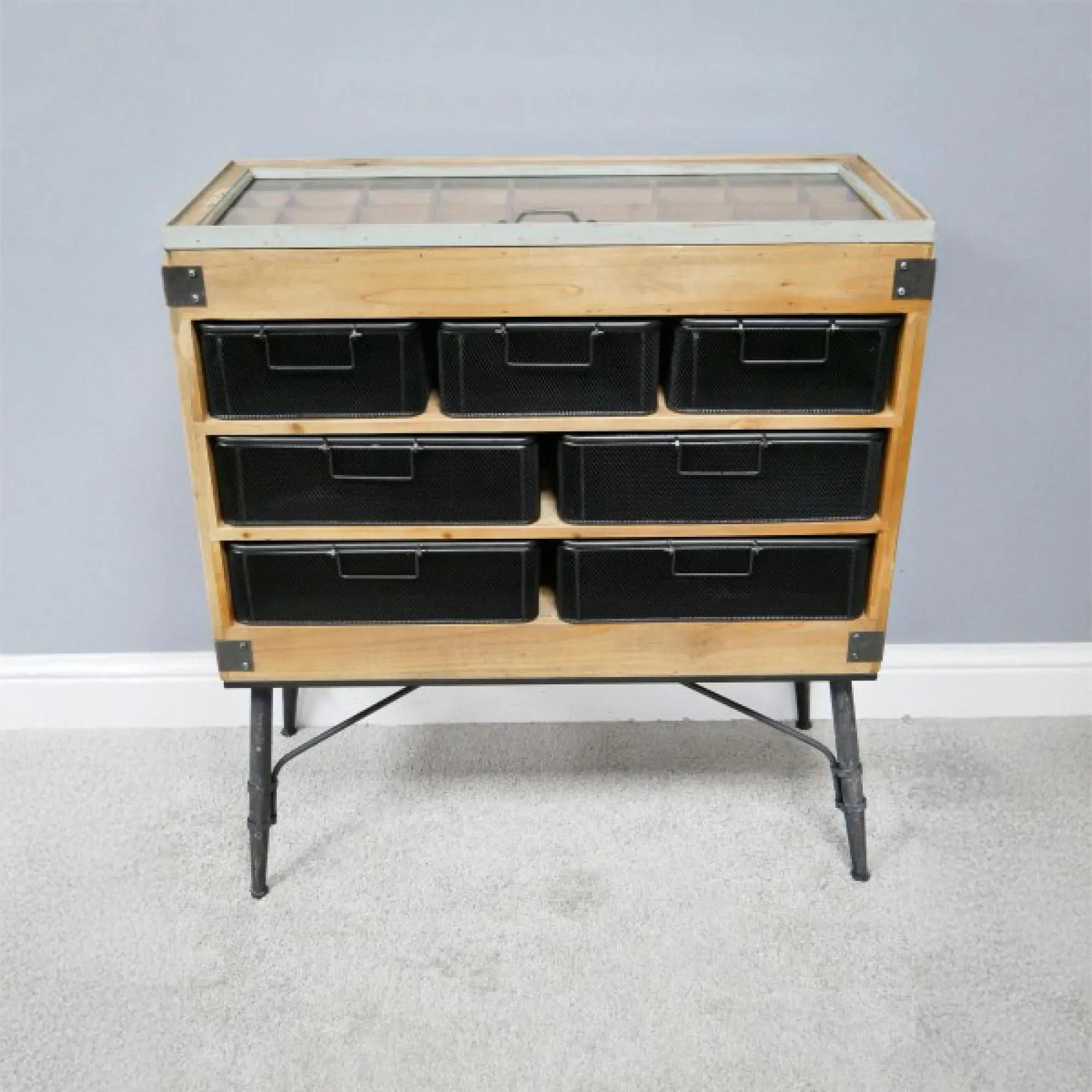 Fir Wood and Metal Multi Drawer Cabinet