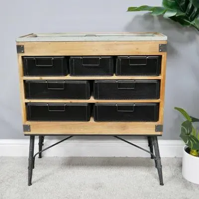 Fir Wood and Metal Multi Drawer Cabinet