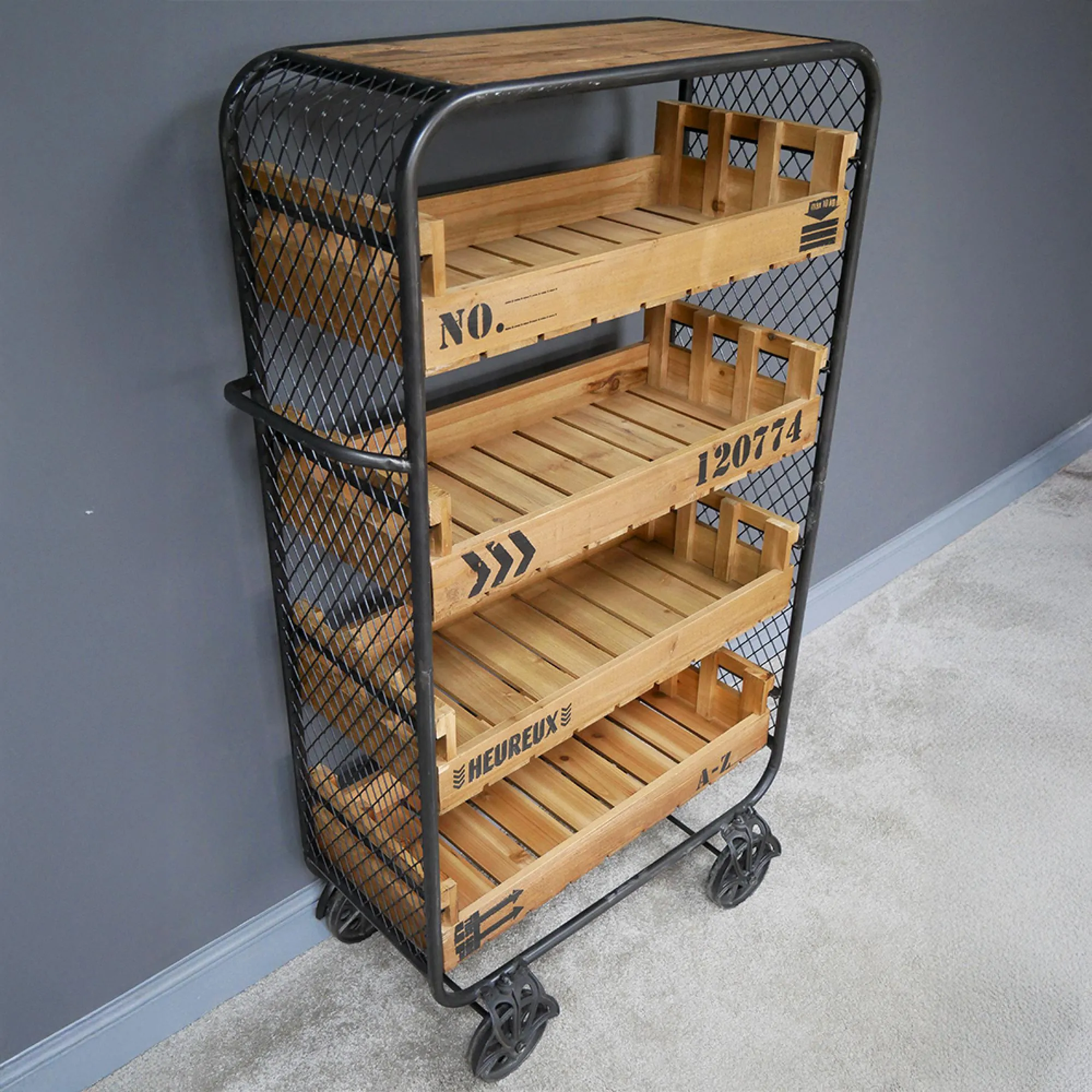 Fir Wood and Metal Shelves on Wheels