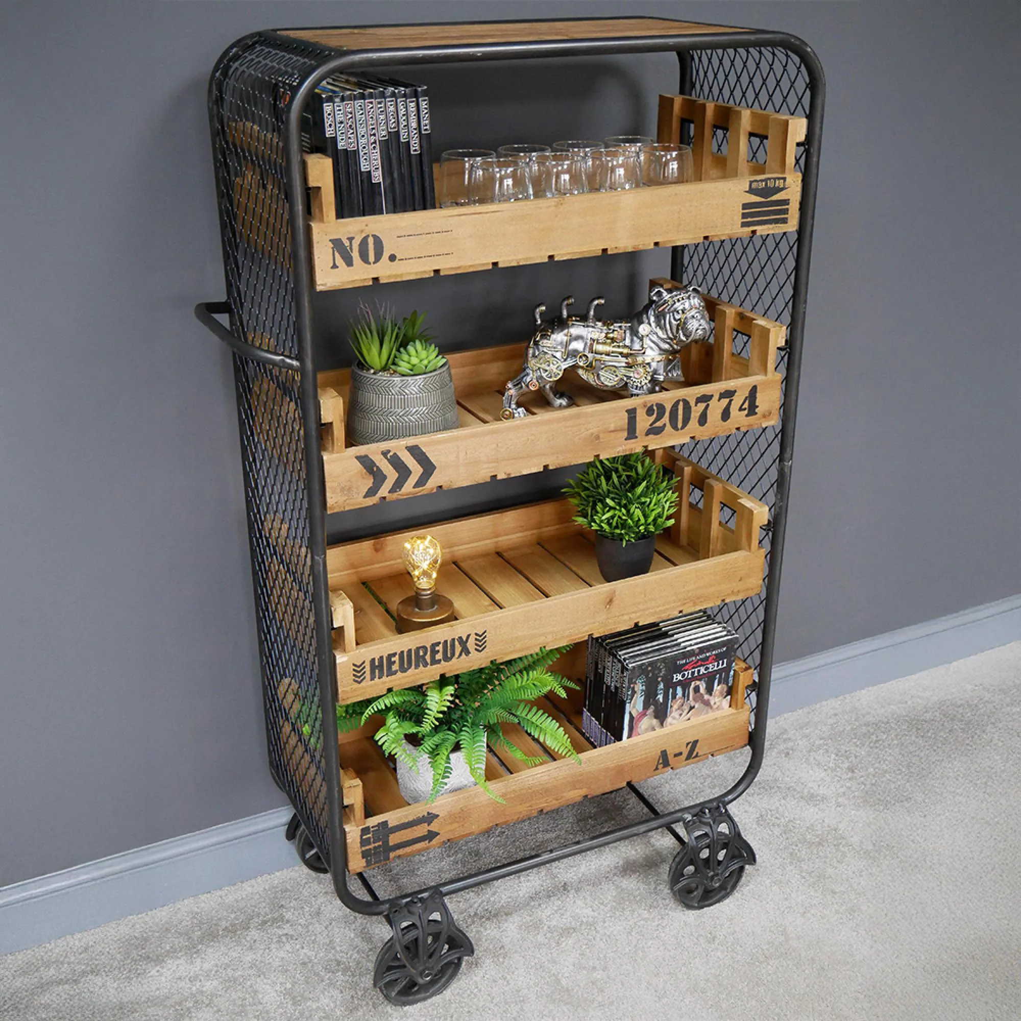 Fir Wood and Metal Shelves on Wheels