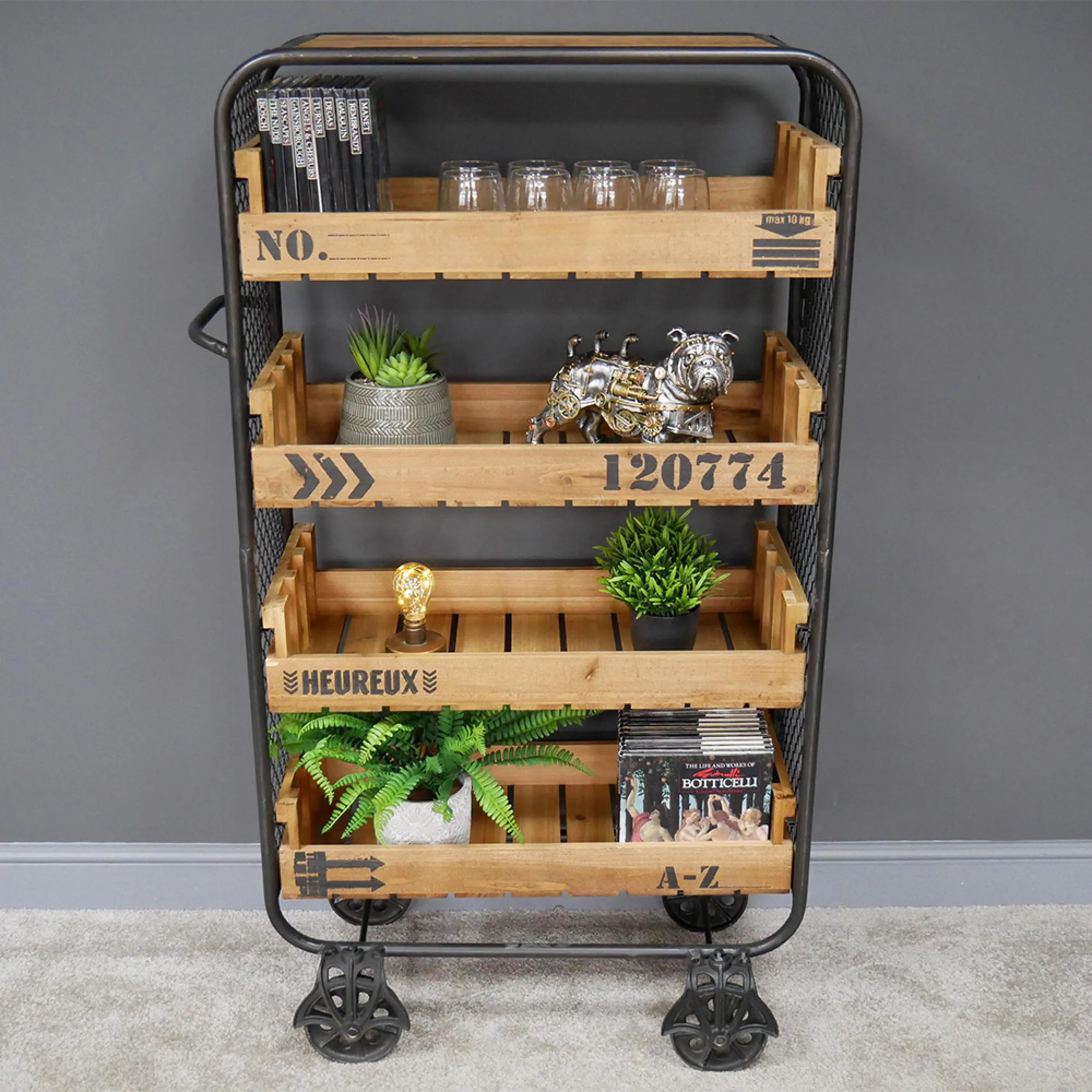 Fir Wood and Metal Shelves on Wheels