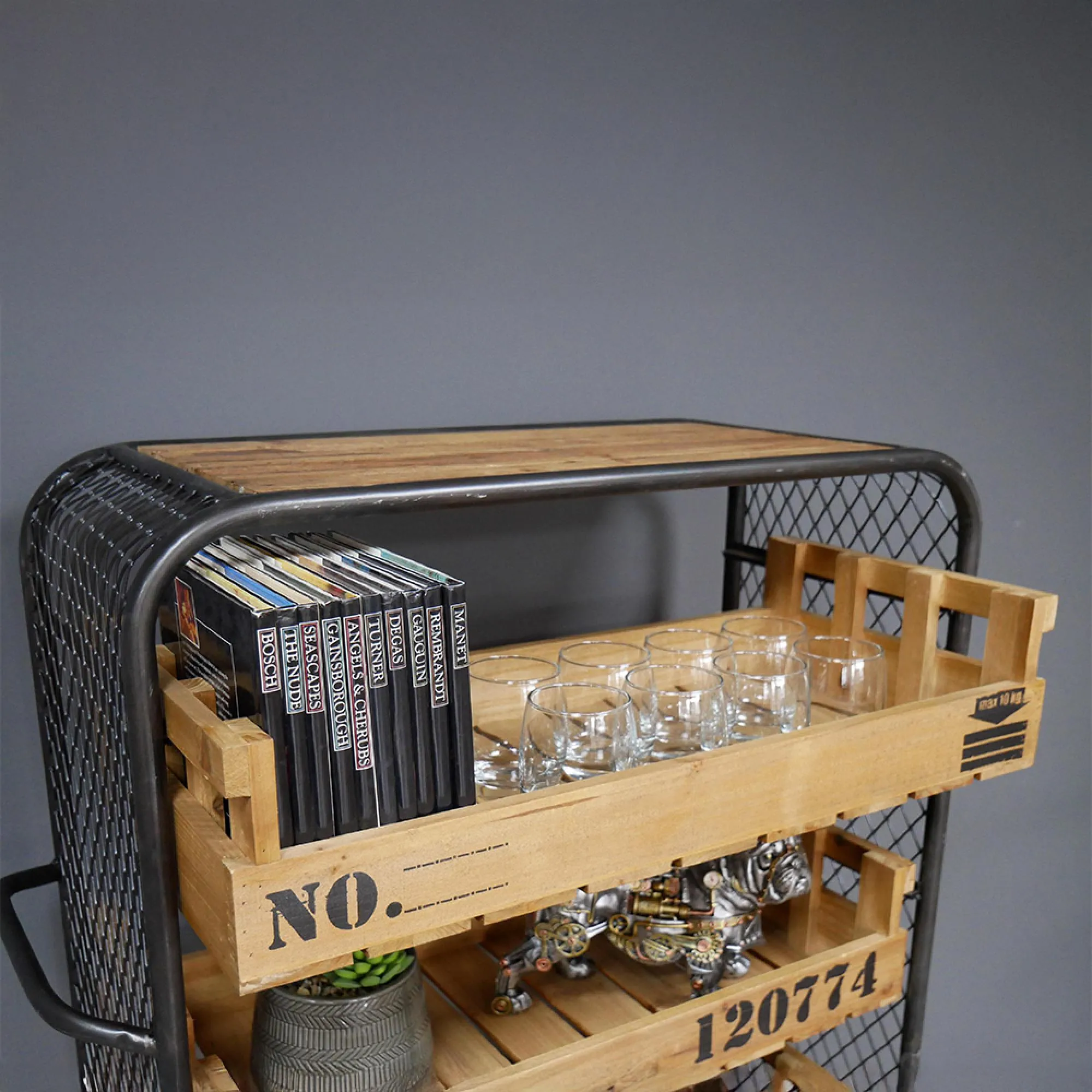 Fir Wood and Metal Shelves on Wheels