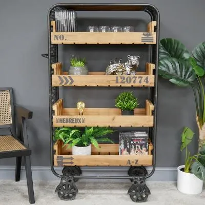 Fir Wood and Metal Shelves on Wheels