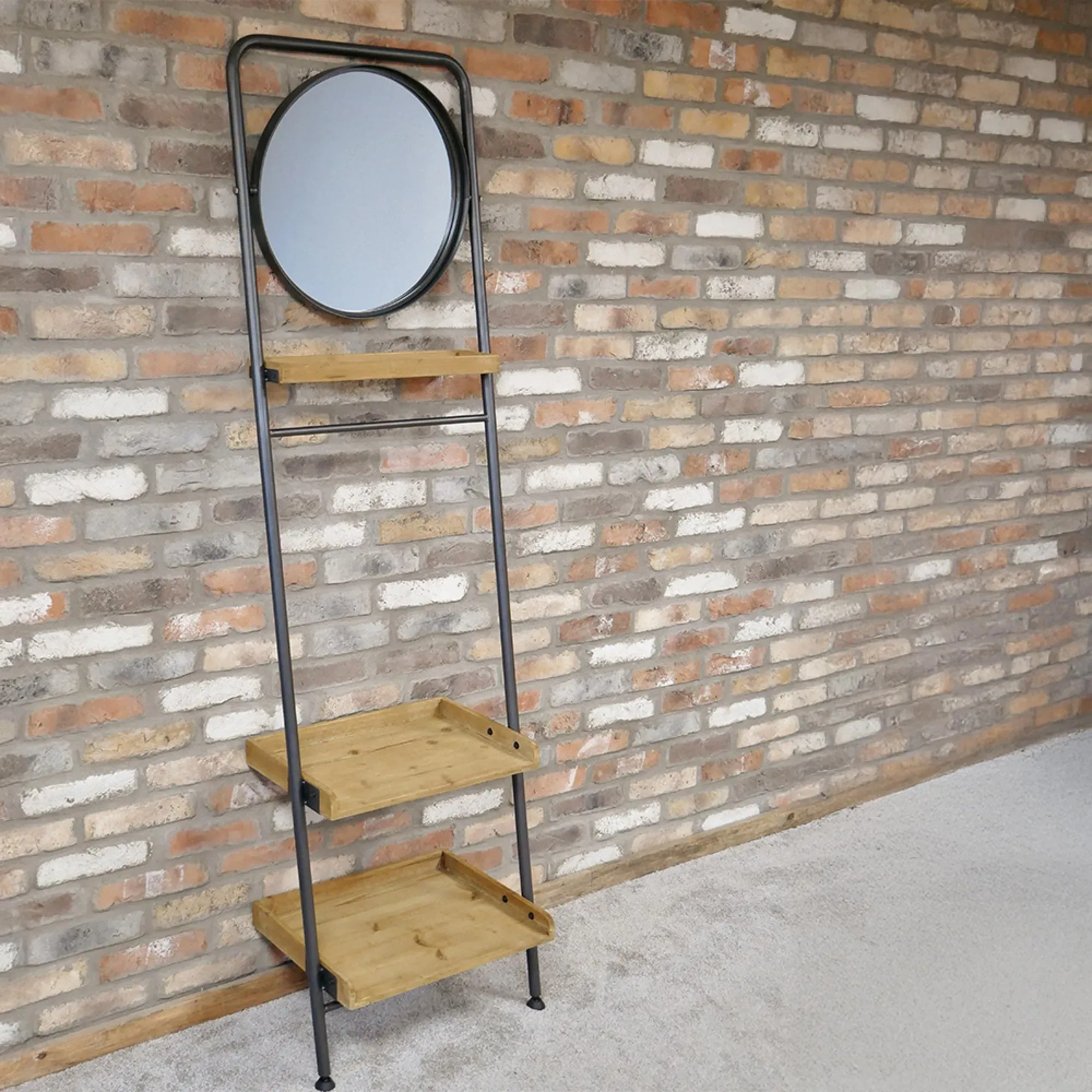 Fir Wood Shelves with Round Mirror