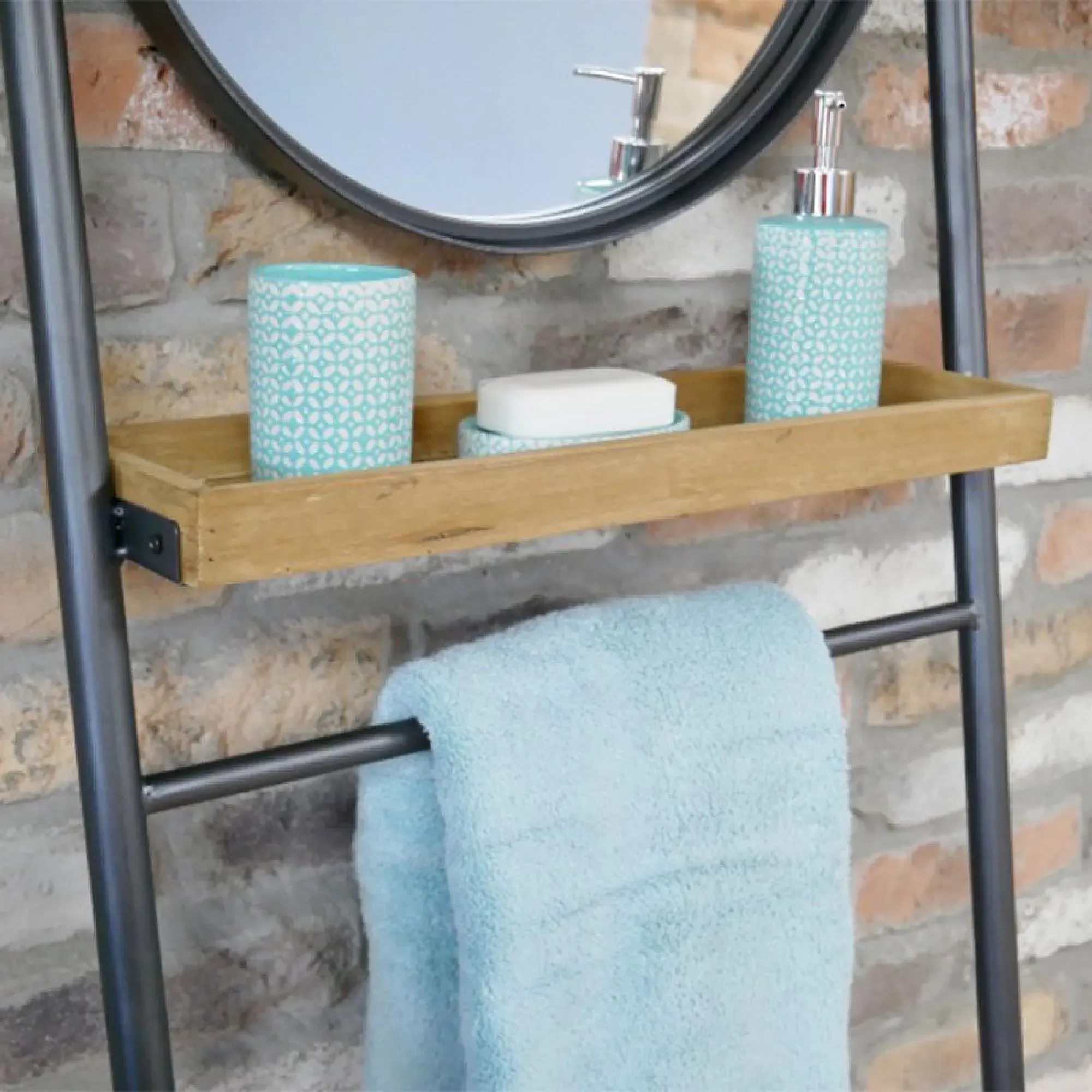 Fir Wood Shelves with Round Mirror