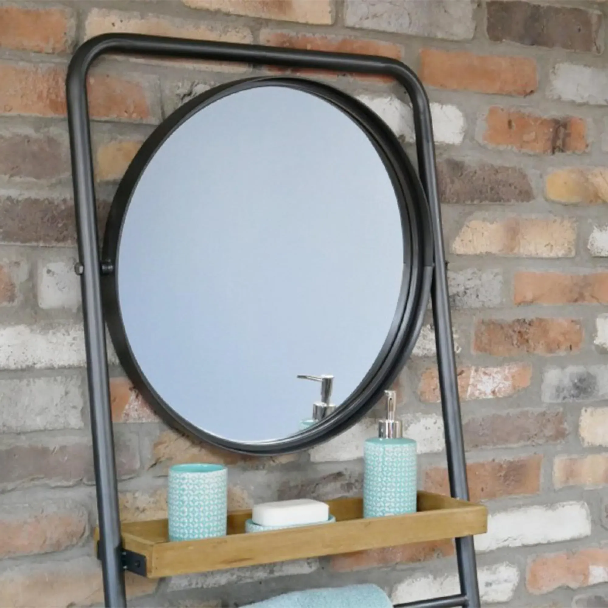 Fir Wood Shelves with Round Mirror