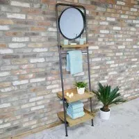 Fir Wood Shelves with Round Mirror