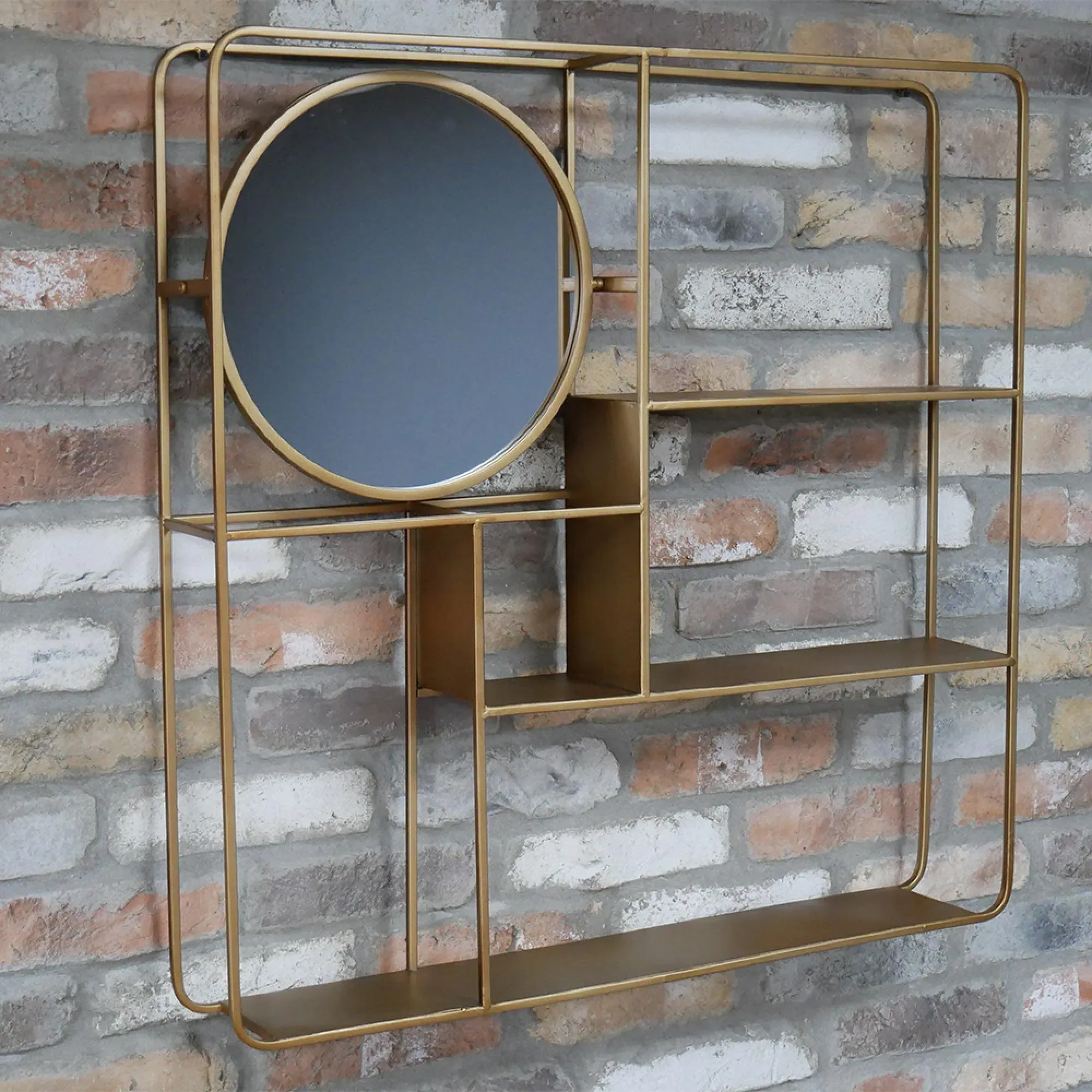 Gold Metal Shelves with Round Mirror - Gold