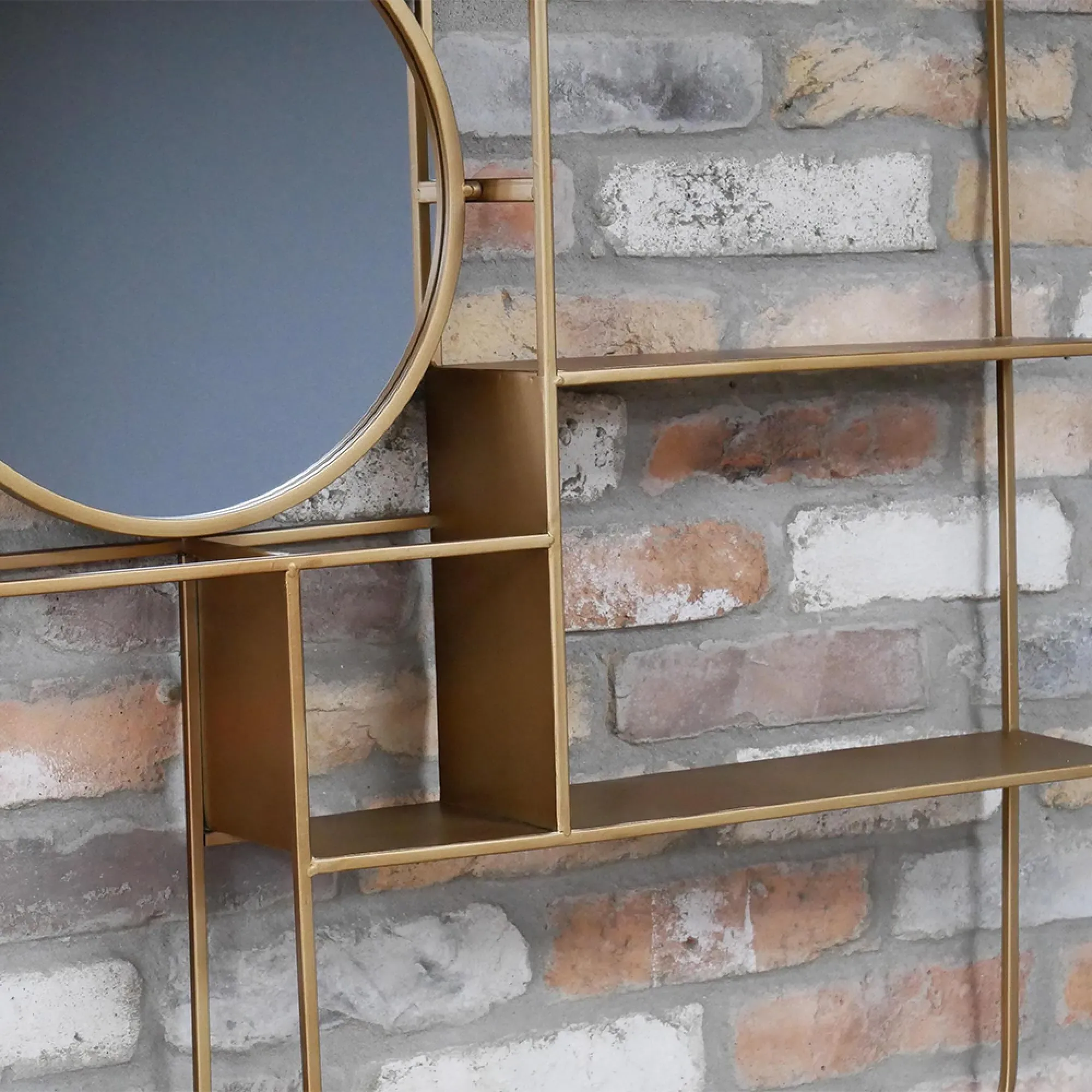 Gold Metal Shelves with Round Mirror - Gold