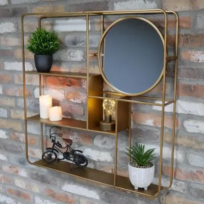 Gold Metal Shelves with Round Mirror - Gold image
