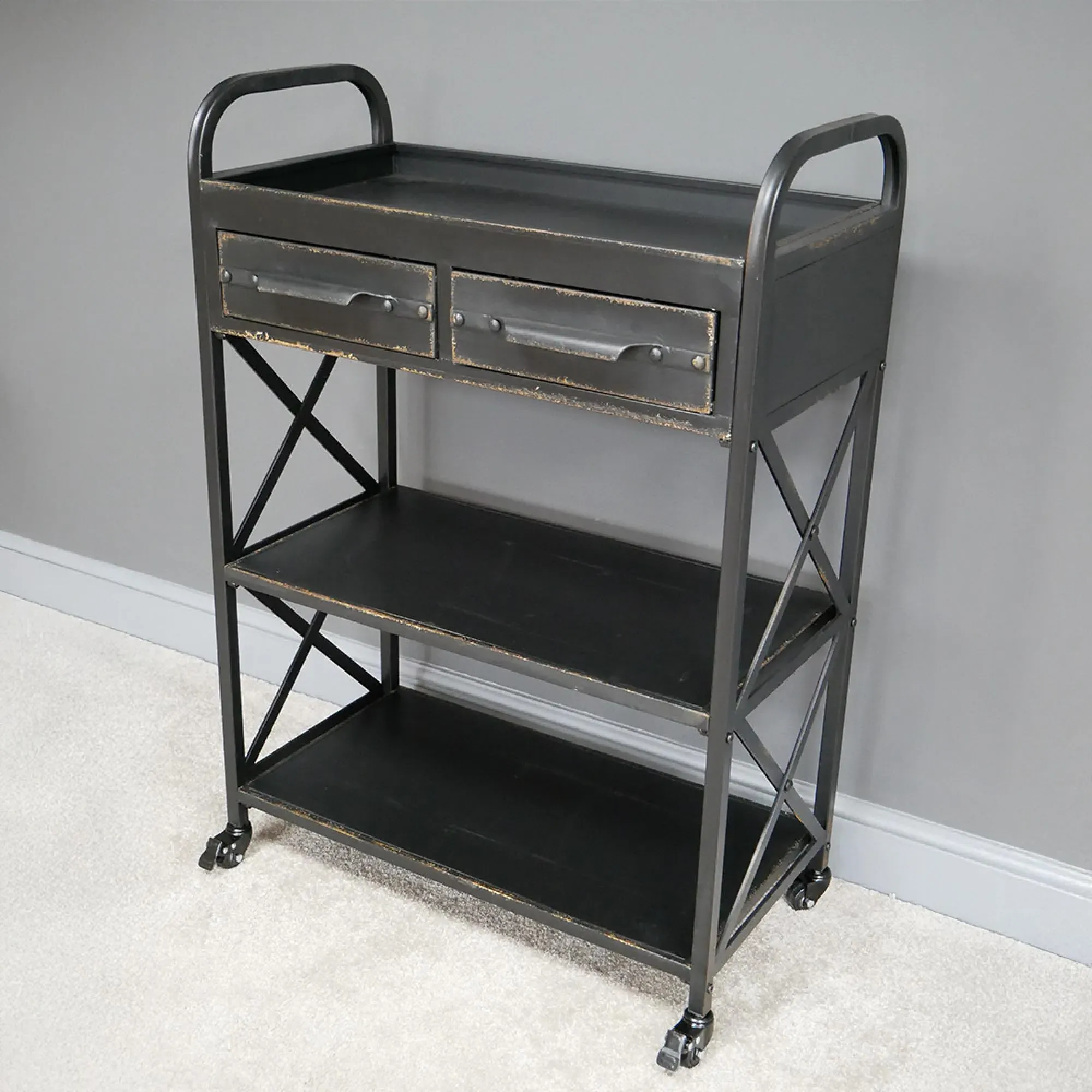 Industrial 2 Drawer Hall Table - Black Distressed
