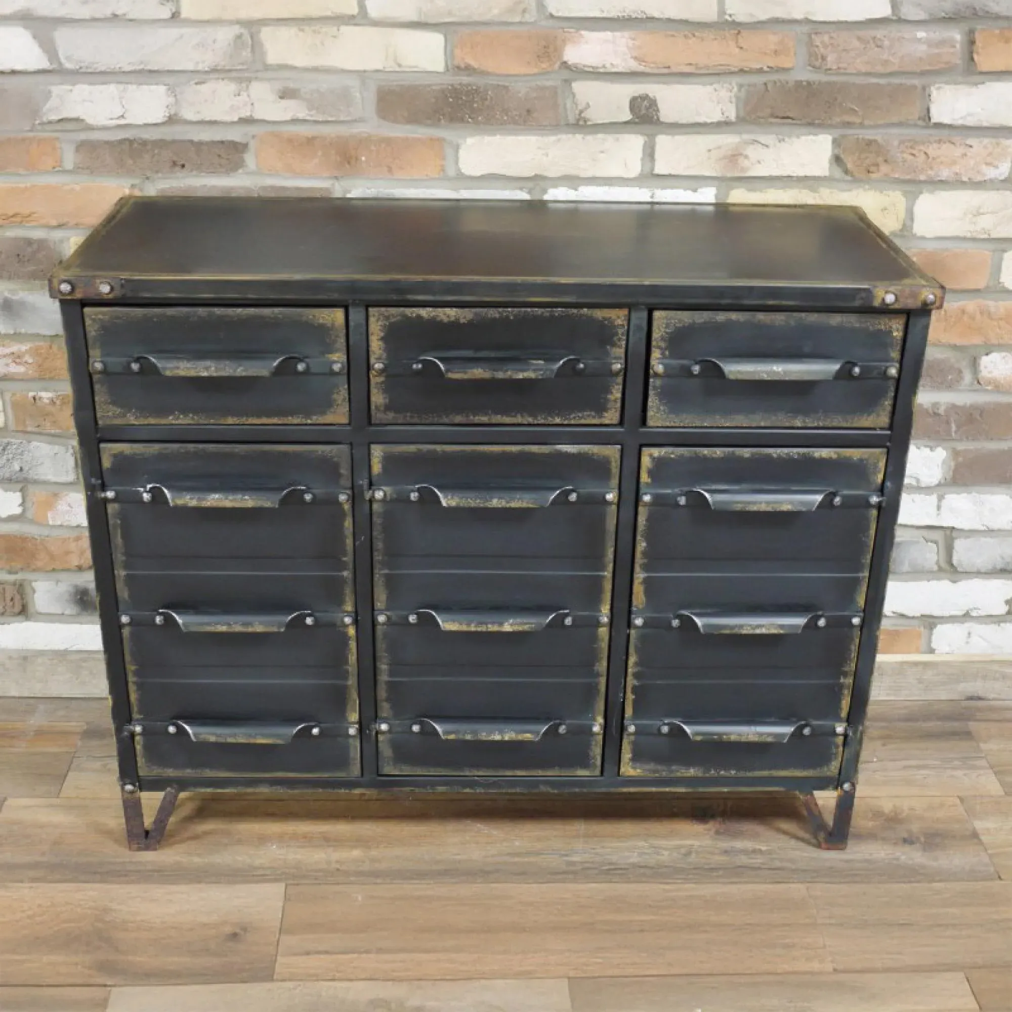 Industrial 3 Door 3 Drawer Cabinet - Distressed Black, Metal