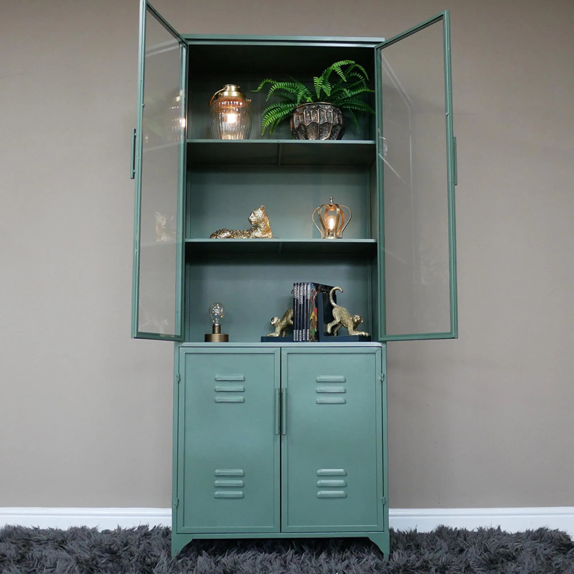 Industrial 4 Door Display Cabinet - Green, Metal