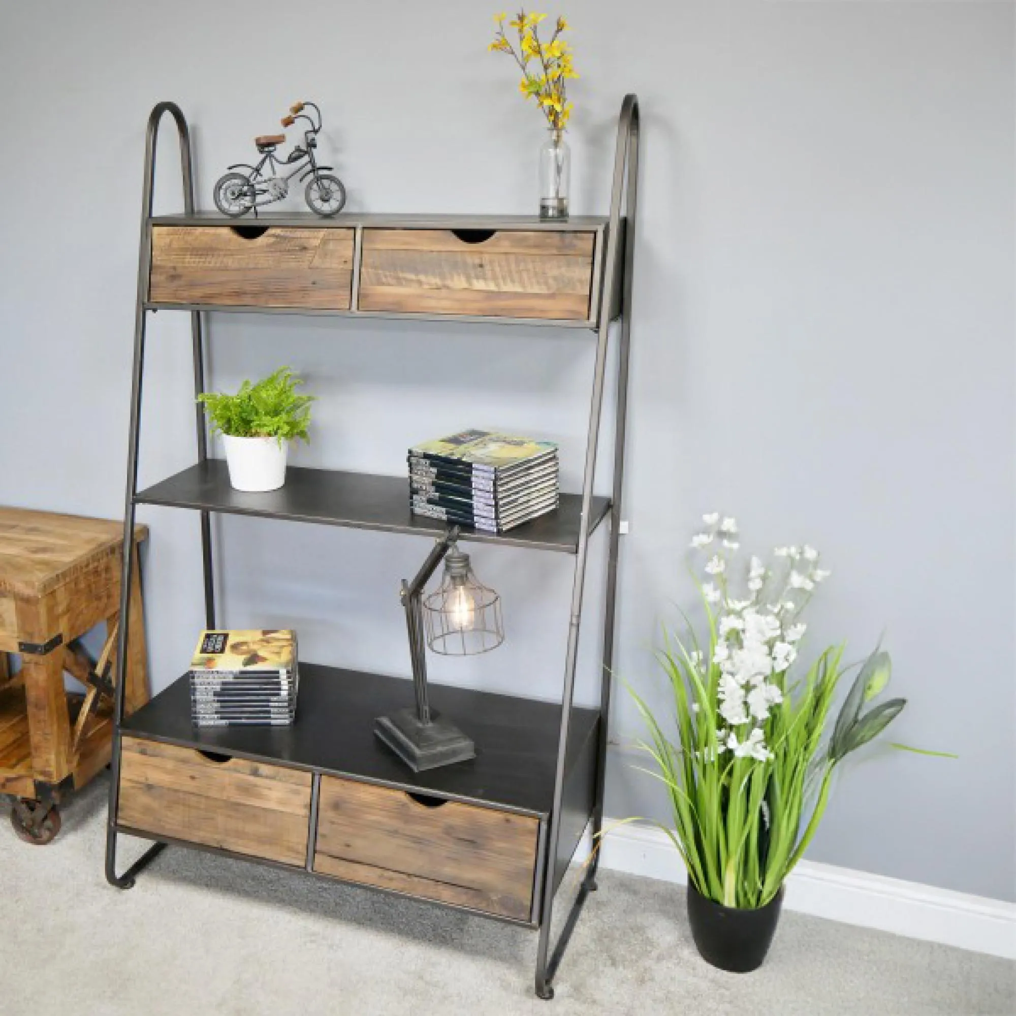 Industrial 4 Drawer Shelving Unit - Fir Wood, Metal