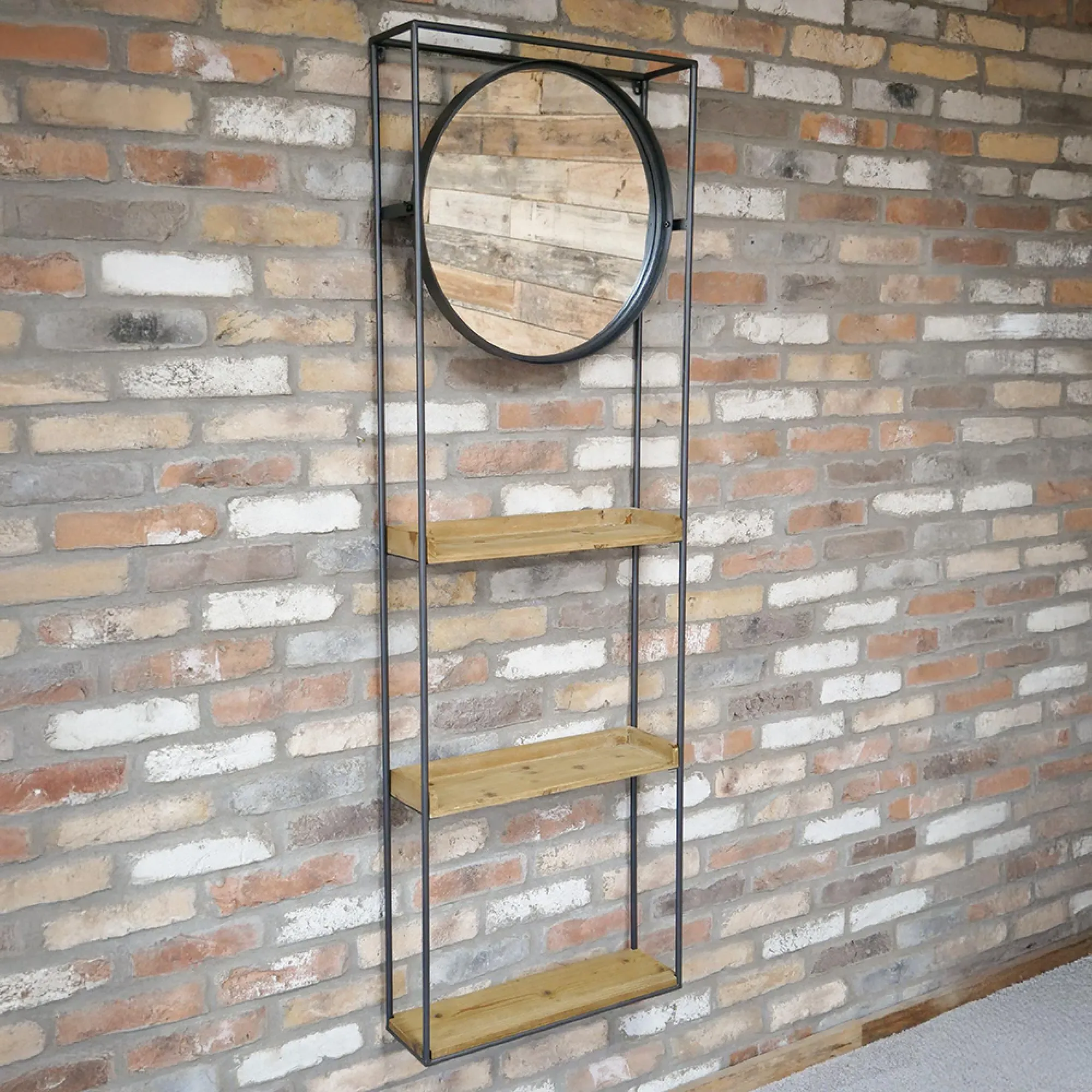 Industrial Fir Wood and Metal Wall Unit with Round Mirror