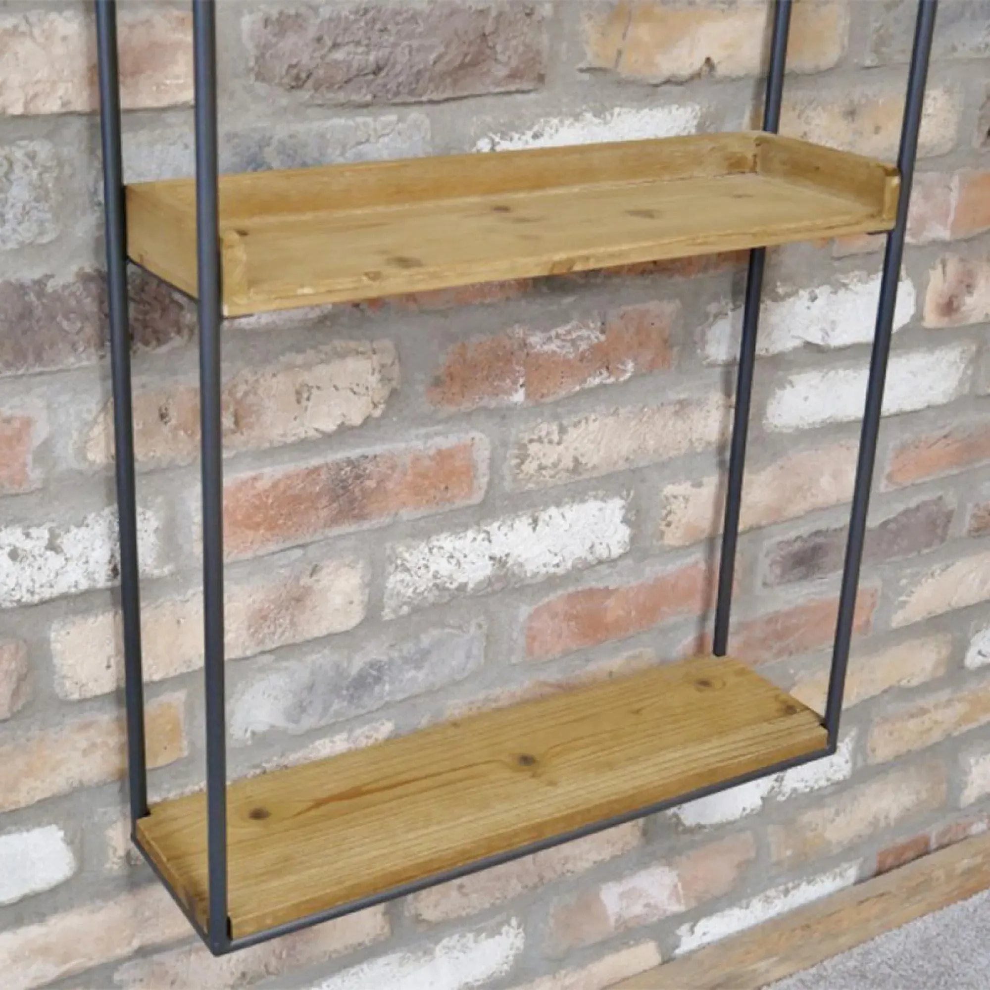 Industrial Fir Wood and Metal Wall Unit with Round Mirror