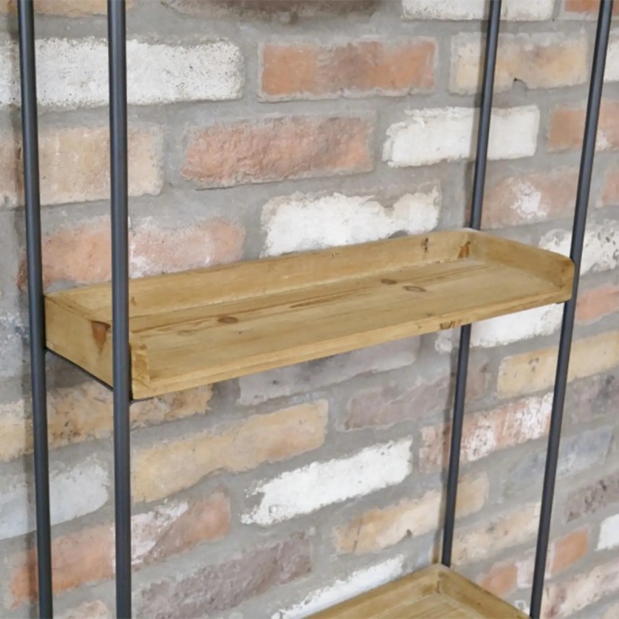 Industrial Fir Wood and Metal Wall Unit with Round Mirror