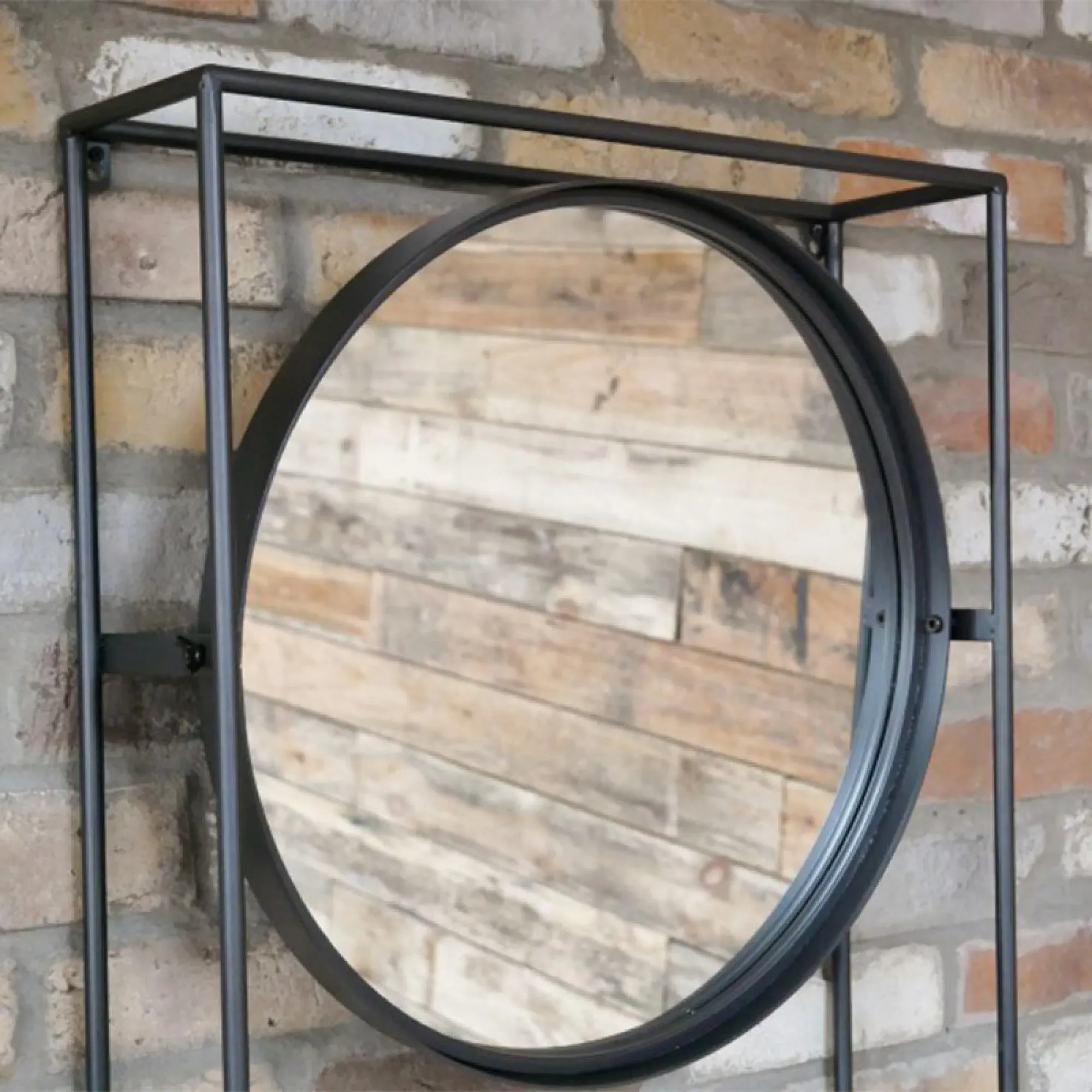 Industrial Fir Wood and Metal Wall Unit with Round Mirror