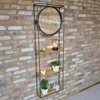 Industrial Fir Wood and Metal Wall Unit with Round Mirror