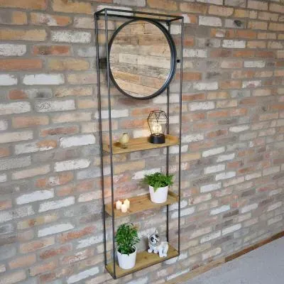 Industrial Fir Wood and Metal Wall Unit with Round Mirror