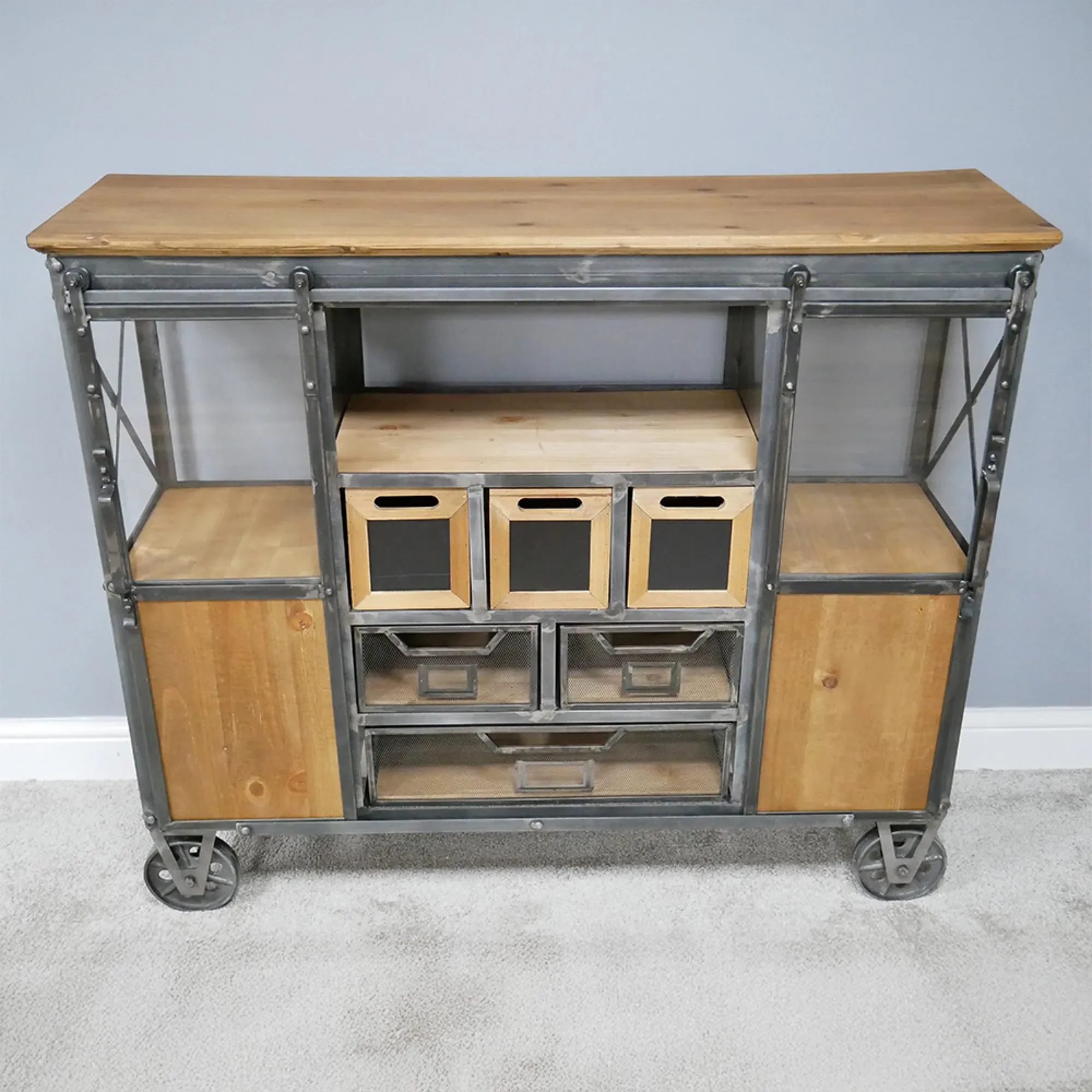 Industrial Wide Cabinet on Wheels - Fir Wood, Metal