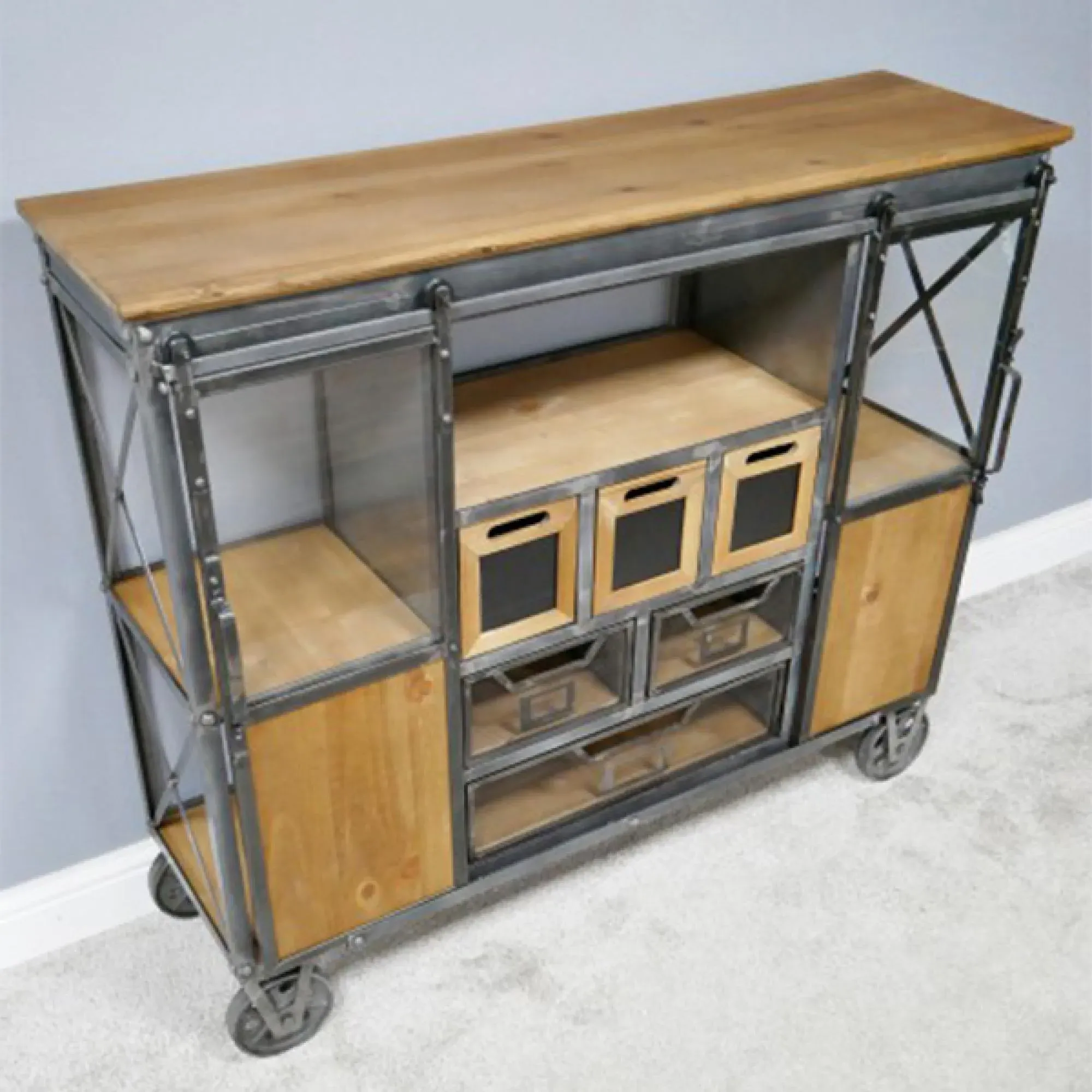 Industrial Wide Cabinet on Wheels - Fir Wood, Metal