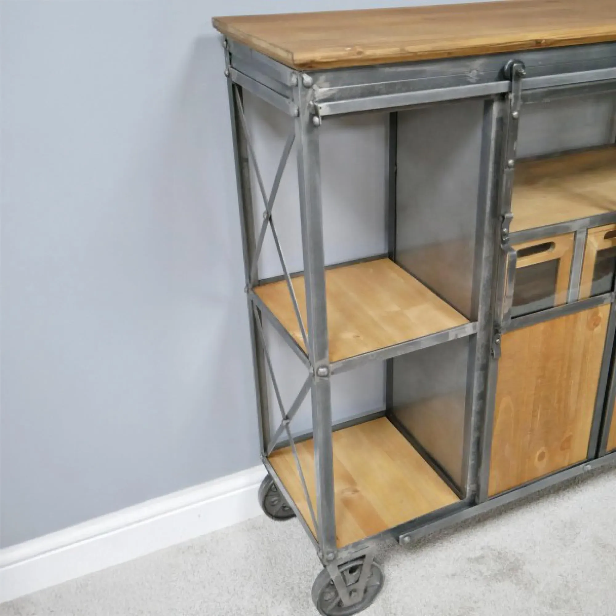 Industrial Wide Cabinet on Wheels - Fir Wood, Metal