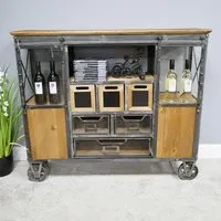 Industrial Wide Cabinet on Wheels - Fir Wood, Metal