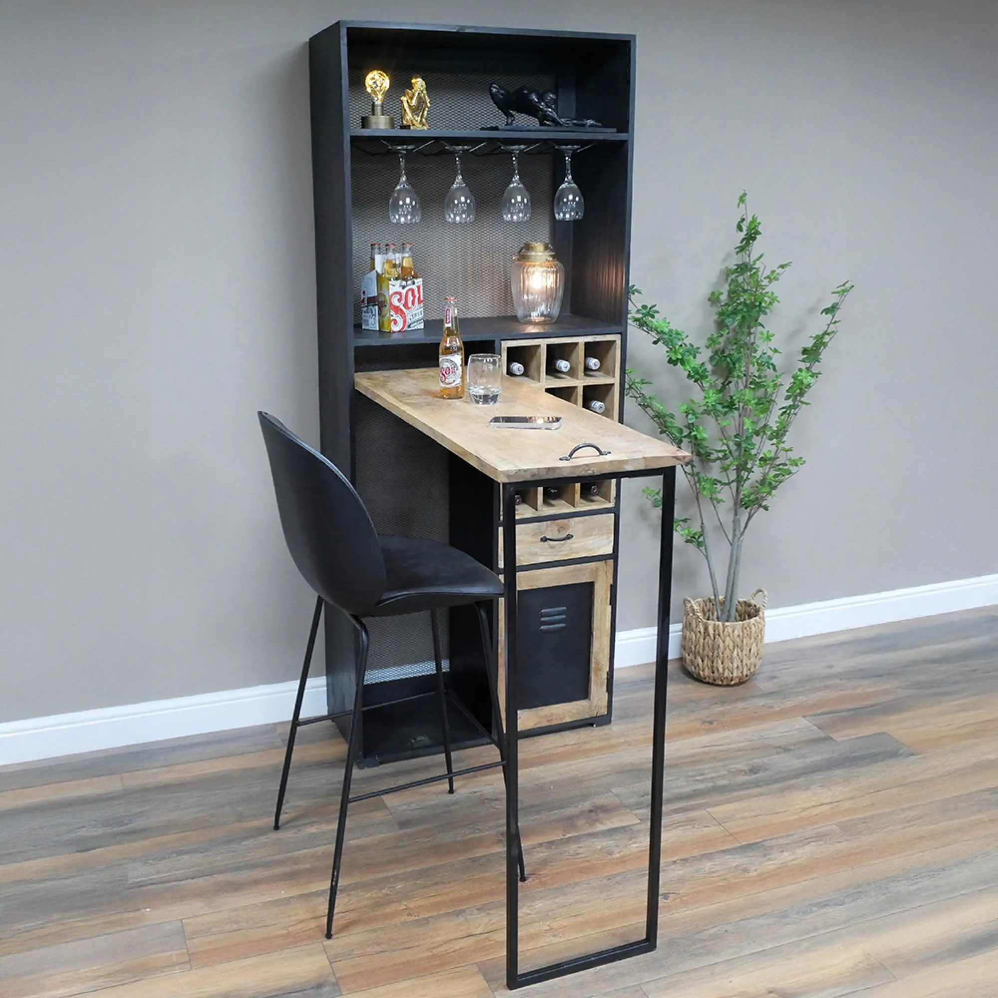 Large Bar Cabinet - Mango Wood, Black Metal