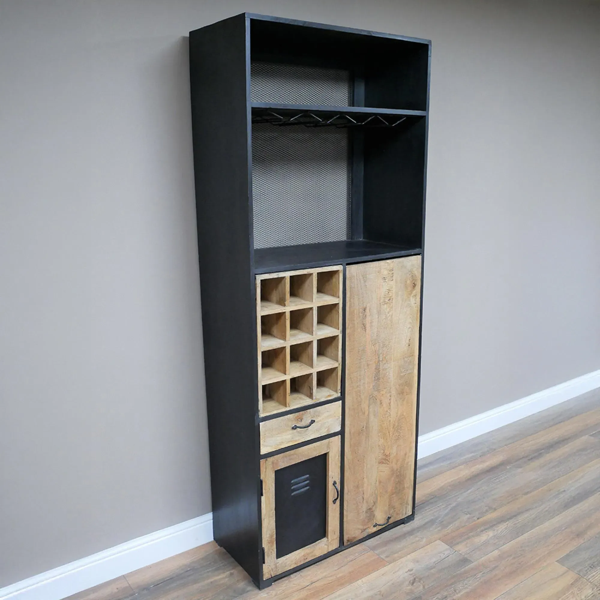 Large Bar Cabinet - Mango Wood, Black Metal
