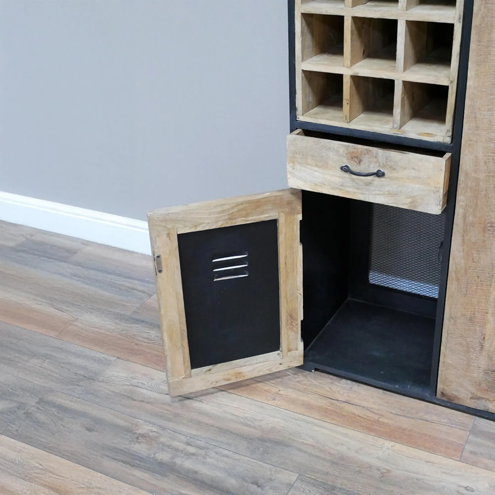 Large Bar Cabinet - Mango Wood, Black Metal