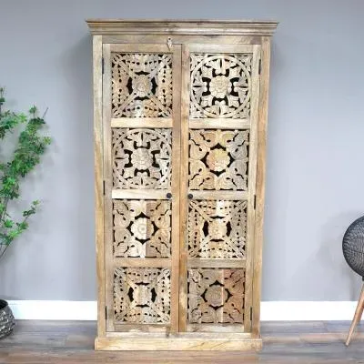 Large Carved 2 Door Cabinet - Mango Wood
