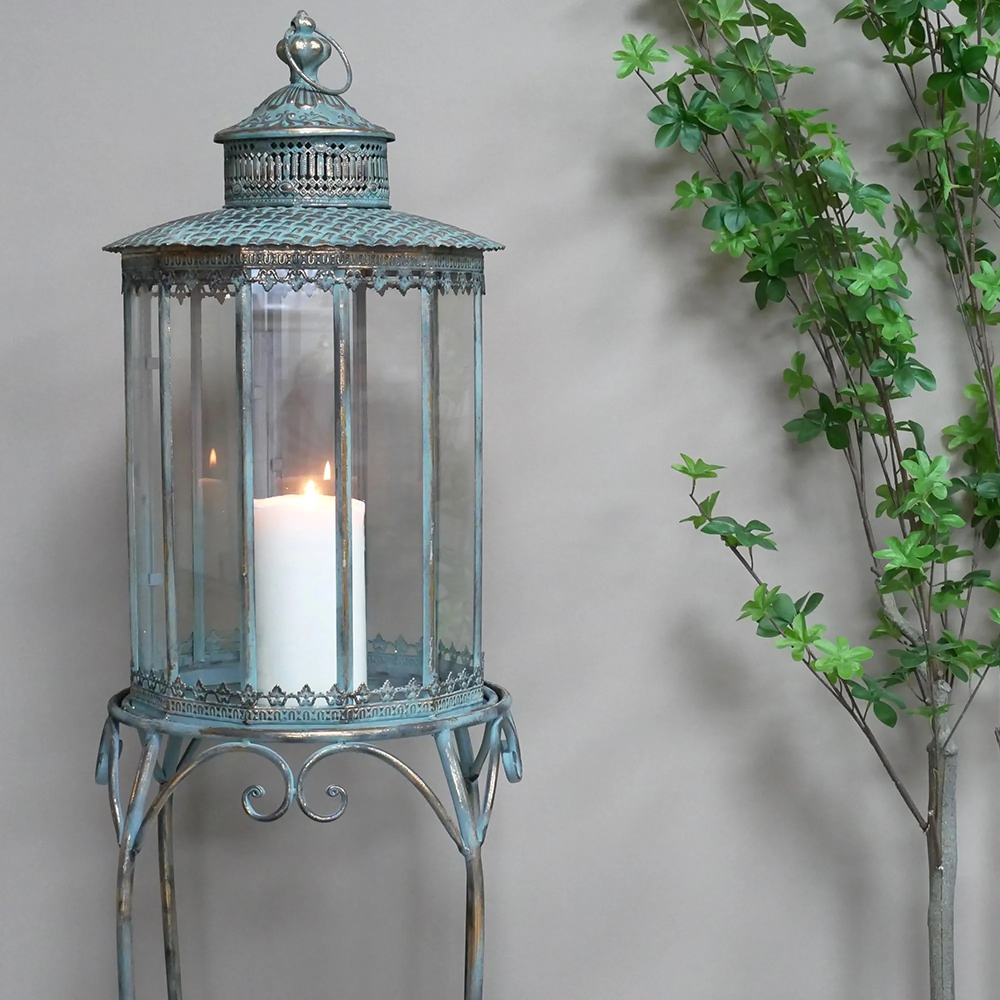 Large Lantern on Stand - Blue, Metal