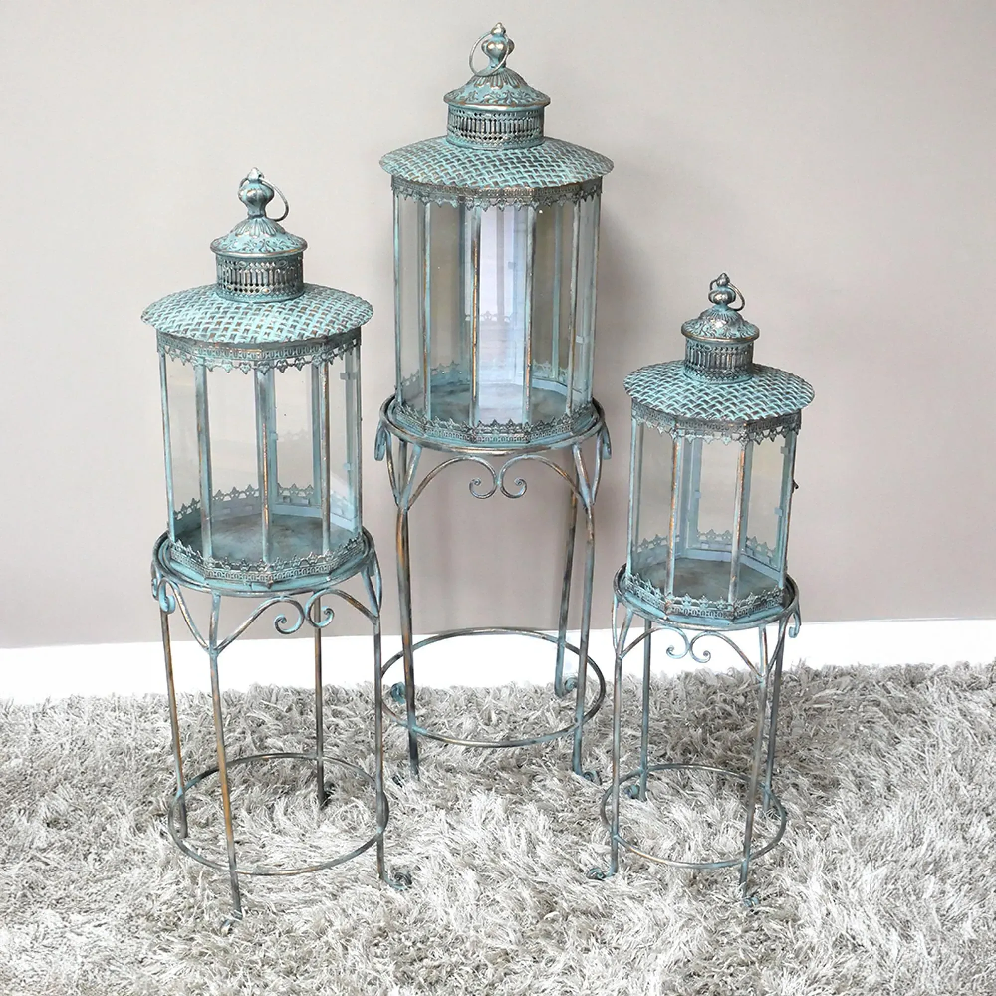 Large Lantern on Stand - Blue, Metal