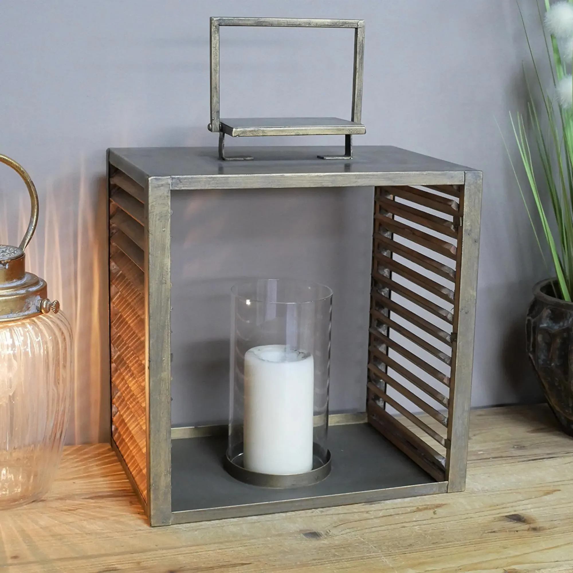 Large Lantern Set of 2 - Fir Wood, Metal